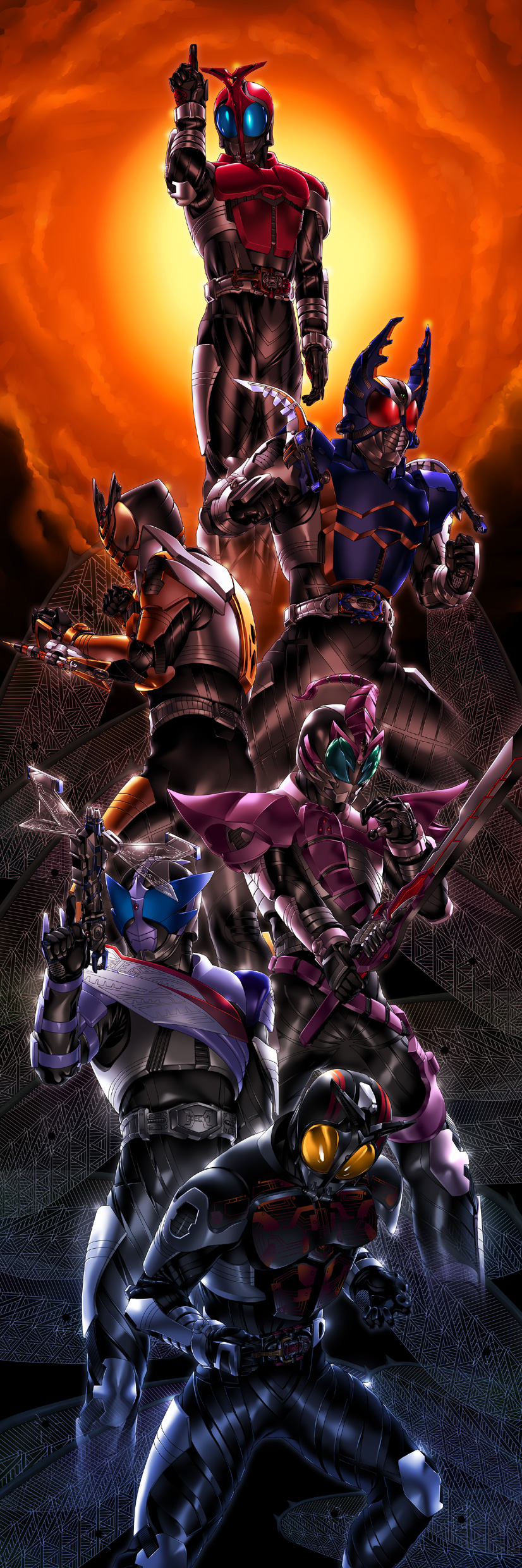 6+boys, absurdres, belt, everyone, gun, highres, kamen_rider, kamen_rider_dark_kabuto