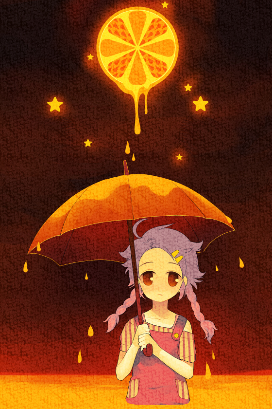 brown_eyes, food, fruit, gimei, gradient_eyes, gradient_hair, hair_ornament, hairclip, juice, multicolored_eyes, multicolored_hair, orange_(fruit), orange_theme, orange_umbrella, original, overalls, purple_hair, solo, star_(symbol), surreal, umbrella