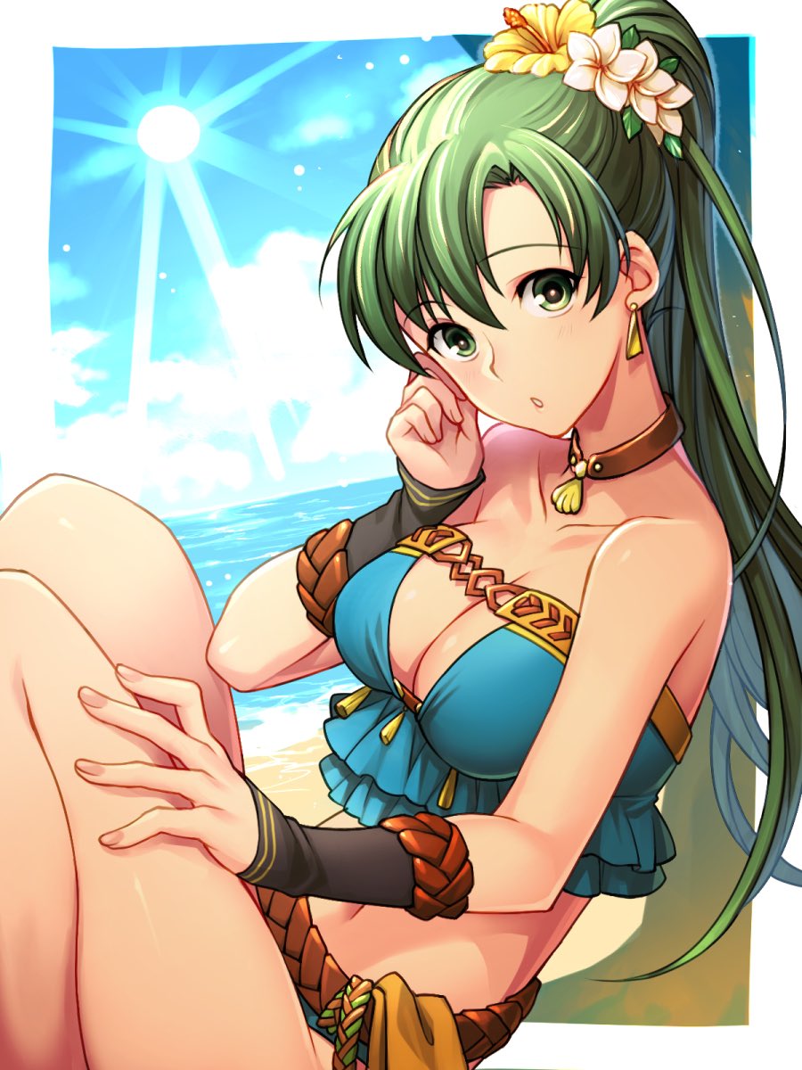 1girl, bare_legs, bare_shoulders, beach, bikini, blue_bikini, blue_sky, blush, border, breasts, cleavage, cleavage_cutout, clothing_cutout, cloud, collarbone, day, earrings, eyebrows_hidden_by_hair, female_focus, fire_emblem, fire_emblem:_the_blazing_blade, fire_emblem_heroes, flower, green_eyes, green_hair, hair_flower, hair_ornament, hand_on_own_thigh, head_tilt, high_ponytail, highres, jewelry, kori_kms, large_breasts, long_hair, looking_at_viewer, lyn_(fire_emblem), lyn_(lady_of_the_beach)_(fire_emblem), matching_hair/eyes, midriff, navel, neck, necklace, nintendo, ocean, official_alternate_costume, outdoors, outside_border, parted_bangs, parted_lips, ponytail, seashell, shell, sky, solo, strapless, strapless_bikini, sun, sunlight, swimsuit, thick_thighs, thighs, water, white_border, white_flower, yellow_flower