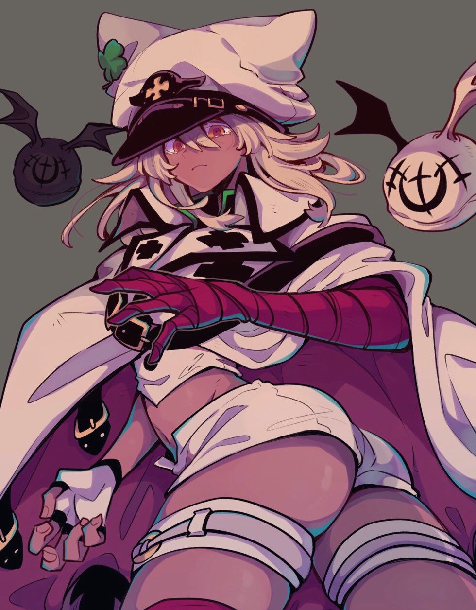 1girl, animal_ears, animal_hat, ass, bandages, belt, belt_bra, cape, capelet, cat_ears, cat_hat, cloak, dark_skin, dark-skinned_female, fingerless_gloves, gloves, guilty_gear, guilty_gear_strive, hat, highres, long_hair, looking_at_viewer, mako_gai, navel, orange_eyes, peaked_cap, ramlethal_valentine, short_shorts, shorts, simple_background, solo, thigh_strap, twisted_torso, white_hair, wings, yellow_eyes