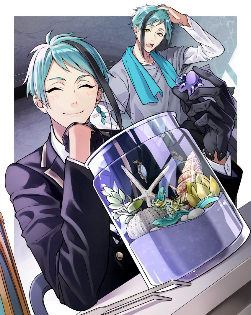 2boys, black_gloves, black_hair, blush, brothers, collared_shirt, earrings, eel