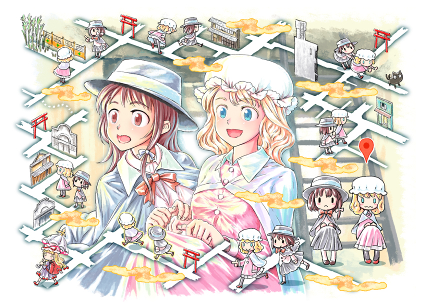 3girls, bad_id, bad_pixiv_id, bow, bowtie, building, capelet, cat