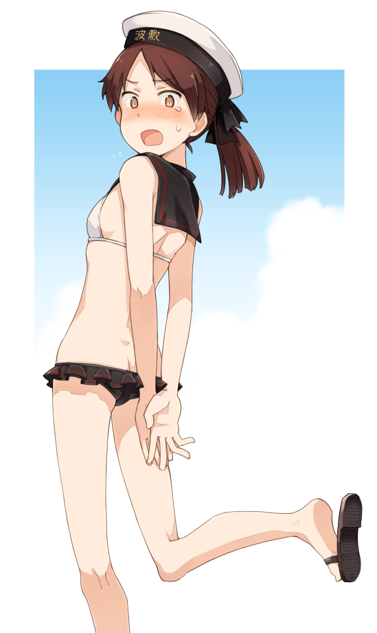 1girl, adapted_costume, ass, bare_arms, bare_legs, bare_shoulders, bikini, bikini_skirt