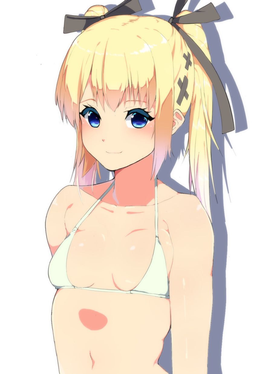 1girl, bare_shoulders, bikini, black_ribbon, blonde_hair, blue_eyes, blush, breasts