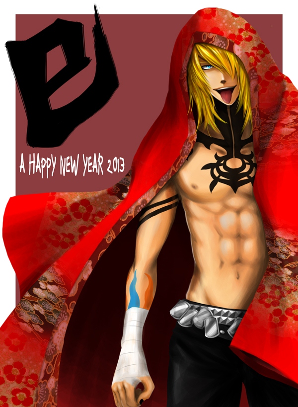 1boy, abs, artist_request, belt, blonde_hair, blue_eyes, cloth, gunji