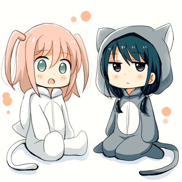 2girls, :o, aged_down, animal_costume, animal_ears, animal_hood, black_hair, blush