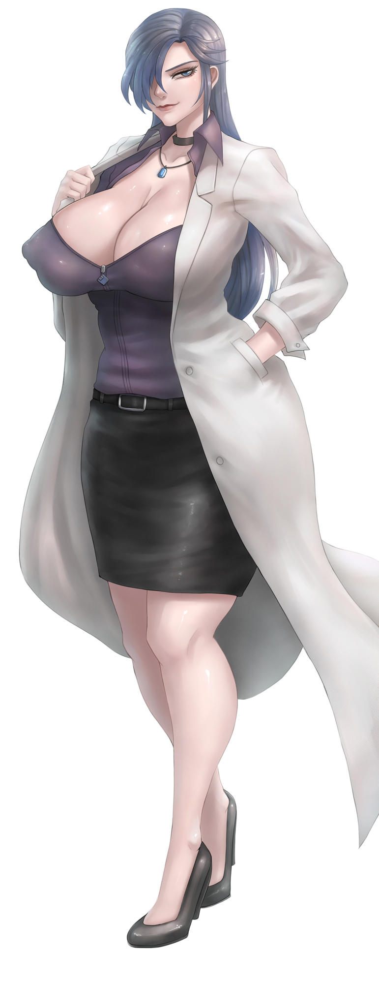 1girl, blue_eyes, breasts, choker, cleavage, covered_erect_nipples, curvy, eyeliner, eyeshadow, female_focus, full_body, grey_hair, grin, hair_over_one_eye, high_heels, highres, himoo_yuina, huge_breasts, jewelry, lab_coat, lips, lipstick, long_hair, looking_at_viewer, makeup, matching_hair/eyes, necklace, no_bra, okai, pencil_skirt, simple_background, skirt, smile, solo, standing, thick_thighs, thighs, tokimeki_memorial, tokimeki_memorial_1, unbuttoned, unbuttoned_shirt