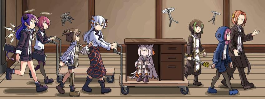 1boy, 6+girls, arknights, artist_request, asymmetrical_legwear, blue_hair, blue_poison_(arknights), boots