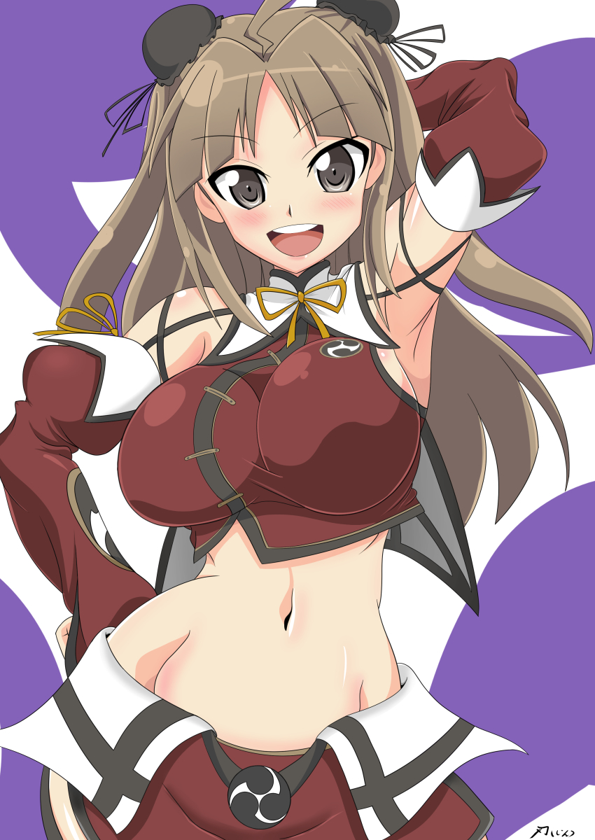 1girl, absurdres, ahoge, amazing-black, bare_shoulders, belly, breasts, brown_eyes