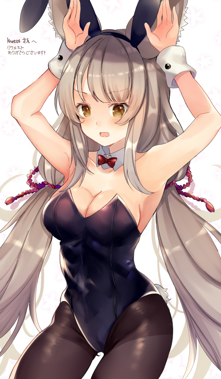 1girl, alternate_breast_size, animal_ears, bare_shoulders, black_leotard, bow, bowtie, breasts