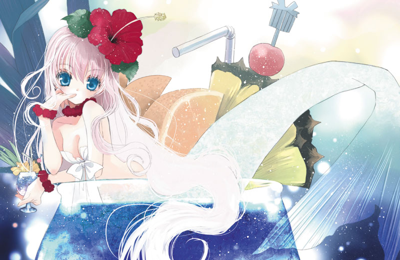 1girl, aqua_eyes, arm_support, bendy_straw, bow, bracelet, breasts, cherry, cleavage, cocktail, cup, cupping_glass, drinking_glass, drinking_straw, female_focus, finger_in_own_mouth, flower, flower_bracelet, flower_necklace, food, front-tie_top, fruit, hair_flower, hair_ornament, hato_rami, hibiscus, holding, holding_cup, in_container, in_cup, jewelry, lei, long_hair, looking_at_viewer, lying, medium_breasts, mermaid, mini_person, minigirl, monster_girl, multicolored_hair, necklace, on_stomach, orange_(fruit), orange_slice, original, pineapple, pineapple_slice, pink_hair, recursion, scrunchie, solo, very_long_hair, white_hair, wine_glass, wrist_scrunchie