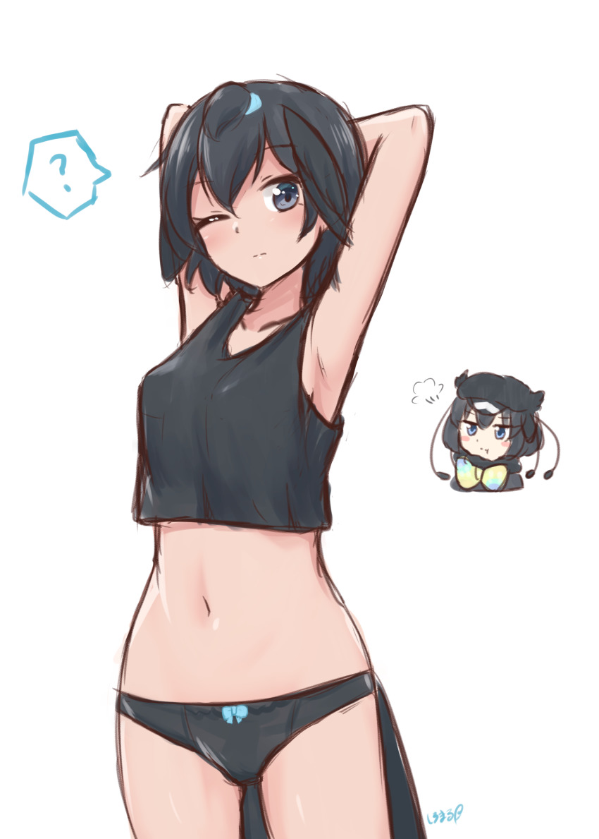 2girls, :t, puff_of_air, ?, absurdres, armpits, arms_behind_head, arms_up