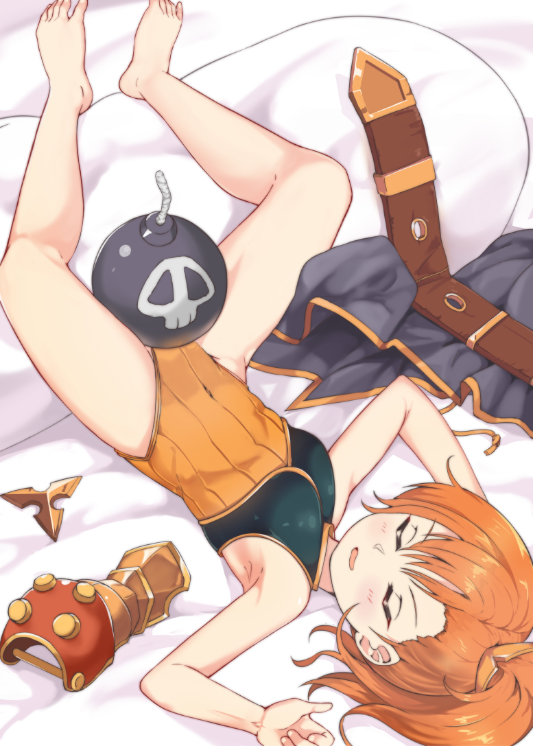 1girl, armor, armpits, arms_up, barefoot, belt, between_legs, black_cape