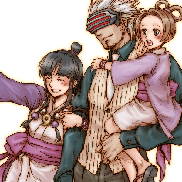 1boy, 2girls, ace_attorney, black_hair, brown_hair, capcom, carrying, godot_(ace_attorney), hair_ornament, ichi2co, japanese_clothes, magatama, mask, maya_fey, multiple_girls, necktie, pearl_fey, phoenix_wright:_ace_attorney_-_trials_and_tribulations, sphere_hair_ornament