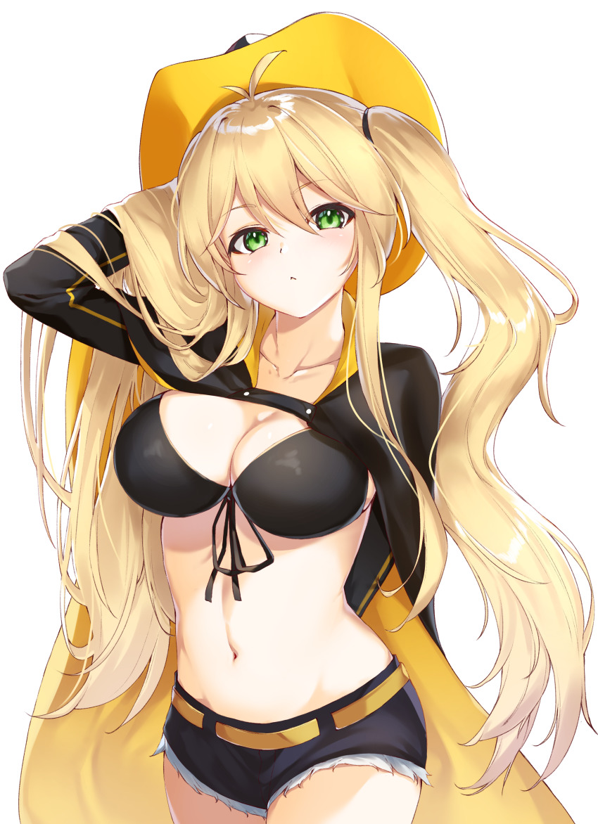 1girl, absurdres, azur_lane, belt, bikini, bikini_top_only, blonde_hair, blush, breasts, cleavage, clip_studio_paint_(medium), coat, cowboy_hat, green_eyes, hat, highres, hornet_(azur_lane), karla_(kimidori3), large_breasts, long_hair, looking_at_viewer, micro_shorts, multicolored_coat, navel, shorts, solo, swimsuit, twintails, two-tone_coat, very_long_hair, white_background, yellow_belt