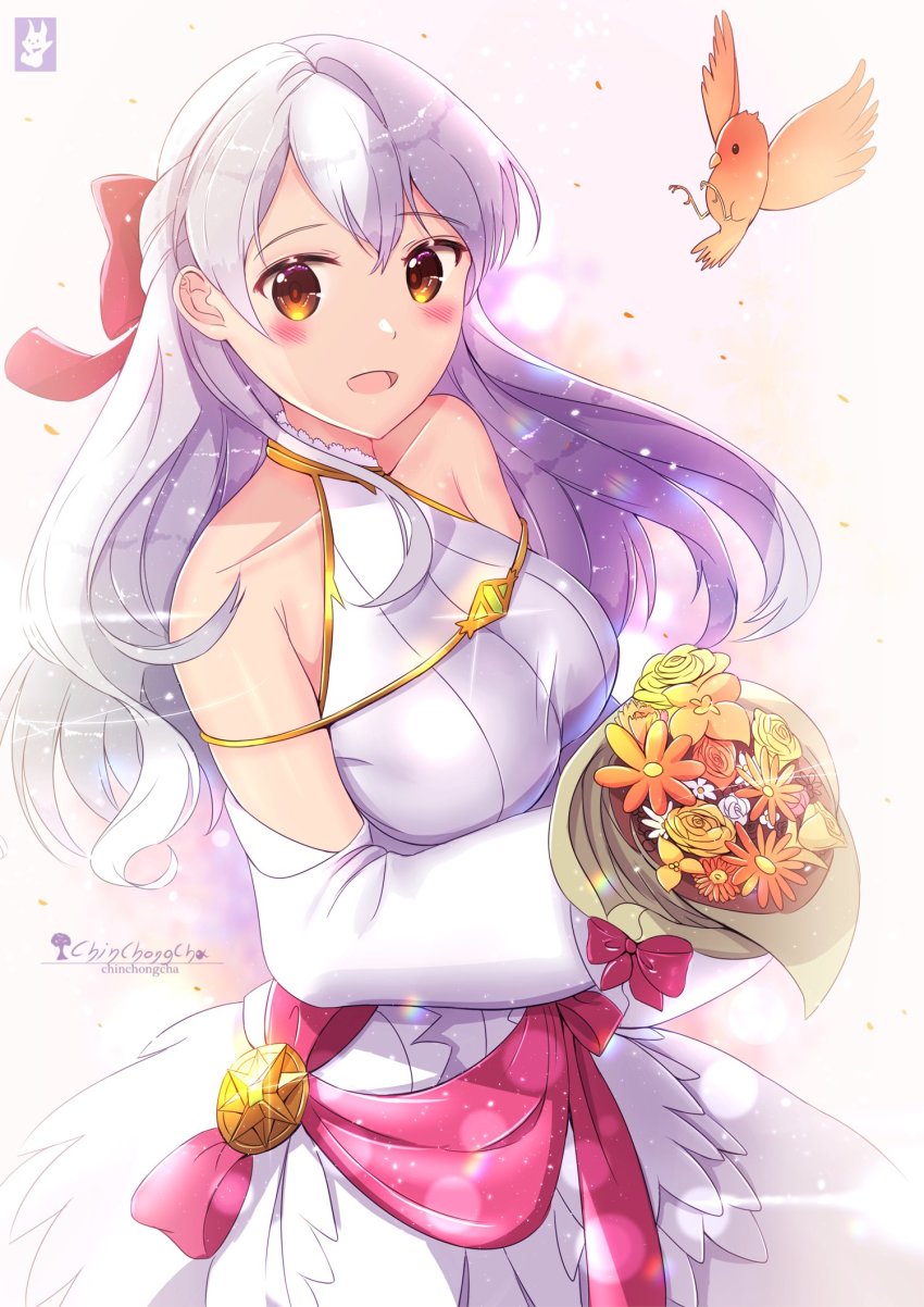 1girl, :d, artist_name, bangle, bare_shoulders, bird, blush, bouquet, bow, bracelet, chinchongcha, collarbone, dress, fire_emblem, fire_emblem:_radiant_dawn, fire_emblem_heroes, flower, hair_bow, hair_ribbon, half_updo, highres, holding, holding_bouquet, jewelry, long_hair, long_sleeves, micaiah_(bridal)_(fire_emblem), micaiah_(fire_emblem), nintendo, open_mouth, red_bow, ribbon, signature, silver_hair, sleeveless, sleeveless_dress, smile, solo, turtleneck, turtleneck_dress, wedding_dress, white_dress, yellow_eyes, yune_(fire_emblem)