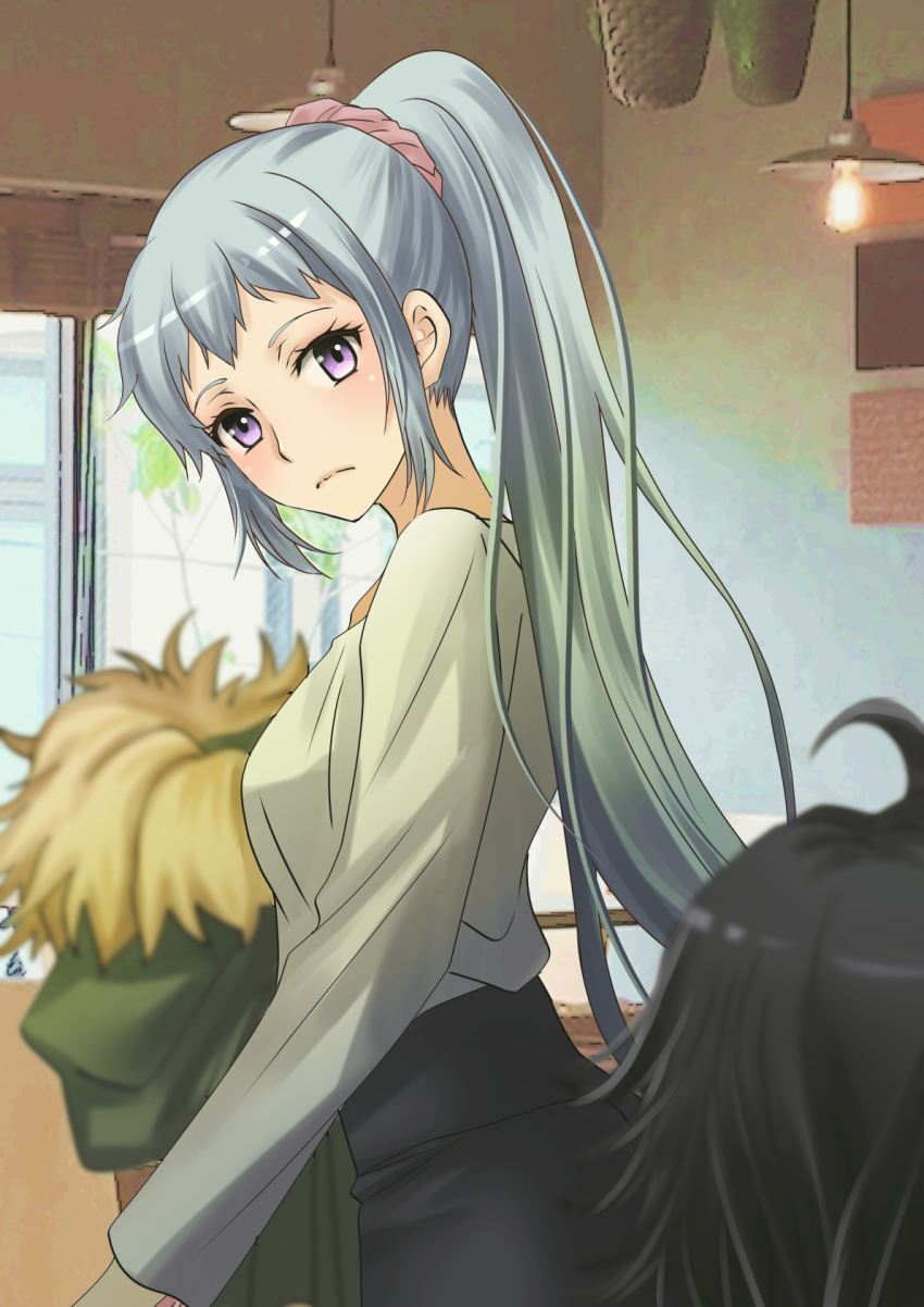 1girl, ahoge, black_hair, blue_hair, blush, closed_mouth, coat, commentary_request