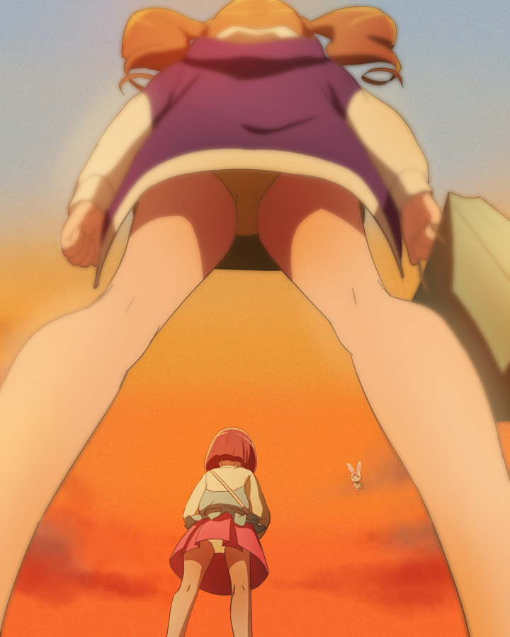 2girls, anime_coloring, bag, brown_hair, cloud, from_behind, from_below, hanadera_nodoka