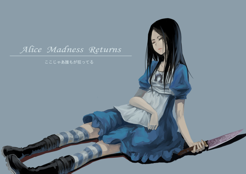 1girl, alice:_madness_returns, alice_(alice_in_wonderland), alice's_adventures_in_wonderland, alice_liddell_(american_mcgee's_alice), american_mcgee's_alice, apron, black_boots