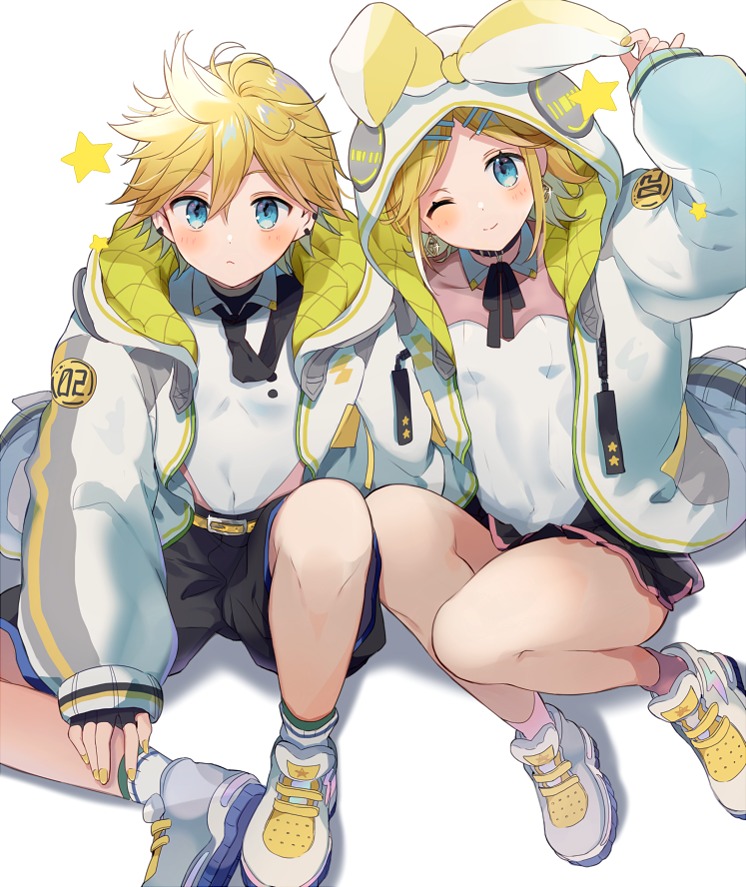 1boy, 1girl, aqua_eyes, bare_legs, black_neckwear, blonde_hair, blue_eyes, blush