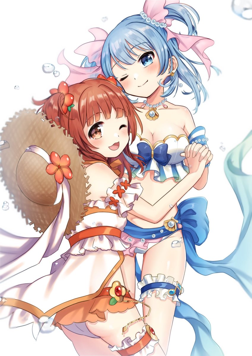 2girls, akino_kaede, akino_kaede_(swimsuit_ver.), bikini, blue_hair, brown_hair, gem, hat
