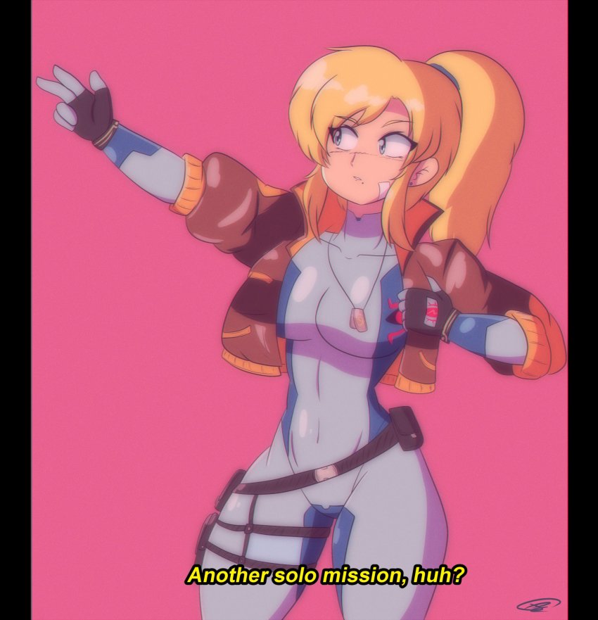 1980s_(style), 1girl, belt, belt_pouch, blue_bodysuit, blue_eyes, bodysuit, bomber_jacket, border, breasts, brown_jacket, commentary, dog_tags, english_commentary, english_text, highres, jacket, long_hair, metroid, metroid:_other_m, mole, mole_under_mouth, narrow_waist, nintendo, oldschool, peachyboi, pink_background, ponytail, popped_collar, pouch, retro_artstyle, samus_aran, solo, subtitled, thigh_pouch, vhs_artifacts, zero_suit