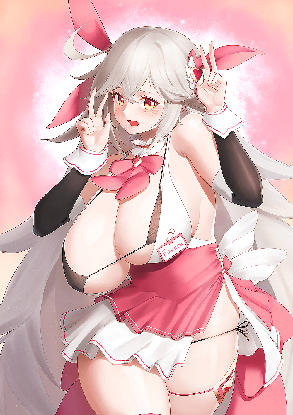 1girl, bikini, blonde_hair, blush, breasts, character_name, cleavage, curvy, detached_sleeves, double_v, faucre_the_evil_overlord, gooak, hair_between_eyes, highres, huge_breasts, korean_commentary, last_origin, long_hair, looking_at_viewer, magical_girl, name_tag, open_mouth, safety_pin, silver_hair, smile, solo, swimsuit, v, very_long_hair, wide_hips, yellow_eyes