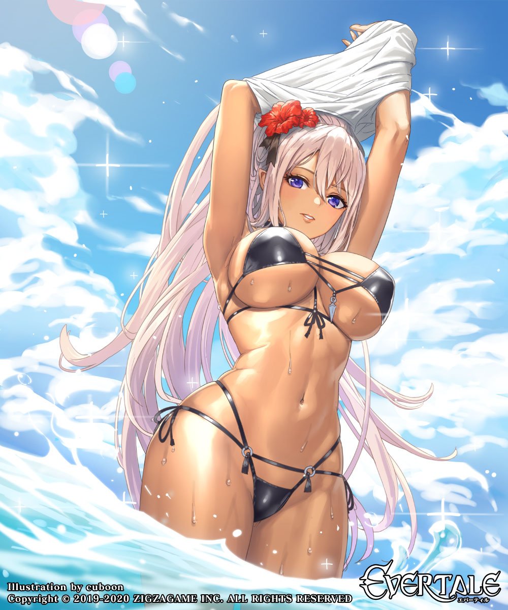 bikini, black_bikini, blue_sky, breasts, character_request, cleavage, clothes_lift, cloud