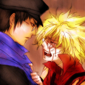 alphonse_michel, apron, bemani, black_hair, blonde_hair, closed_eyes, gakuran, glasses, hat, lowres, nakaji, pop'n_music, red_shirt, scarf, school_uniform, shirt, tears