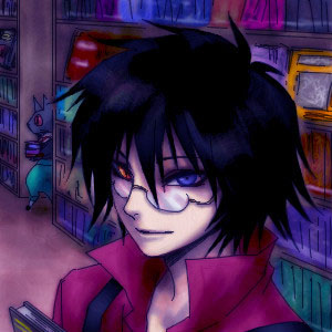 alphonse_michel, apron, bemani, book, glasses, heterochromia, librarian, library, lowres, pop'n_music, red_shirt, shirt
