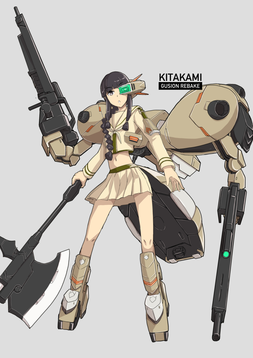 1girl, axe, battle_axe, black_hair, blunt_bangs, boushi-ya, braid, character_name