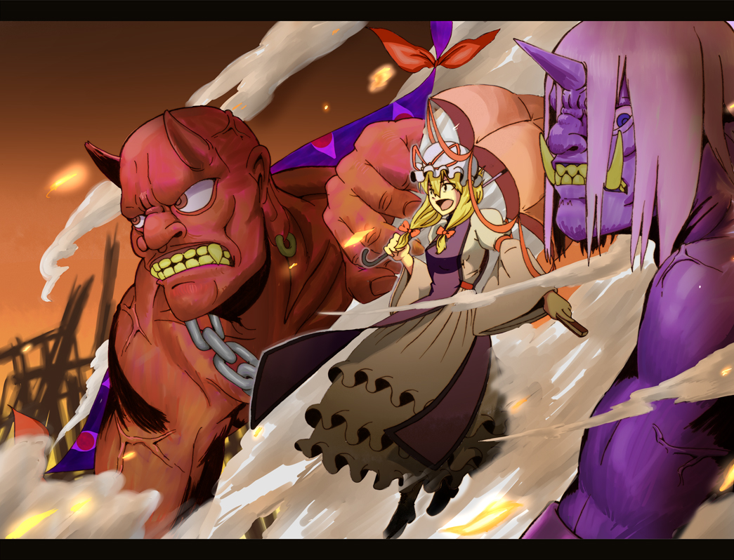 1girl, 2boys, atuta, blonde_hair, blue_eyes, blue_oni, gap_(touhou), hand_fan, hat, horns, letterboxed, multiple_boys, oni, red_eyes, red_oni, sawara, short_hair, touhou, umbrella, yakumo_yukari