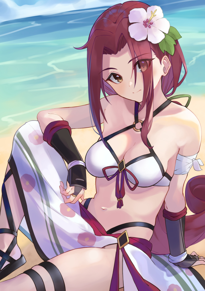 1girl, arm_guards, bandaged_arm, bandages, bare_shoulders, beach, bikini, black_sandals
