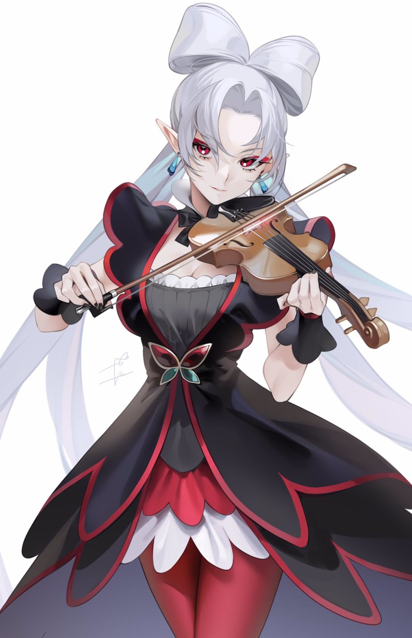 1girl, akagi_towa, albino, bad_id, bad_twitter_id, black_dress, black_nails, bow_(music)