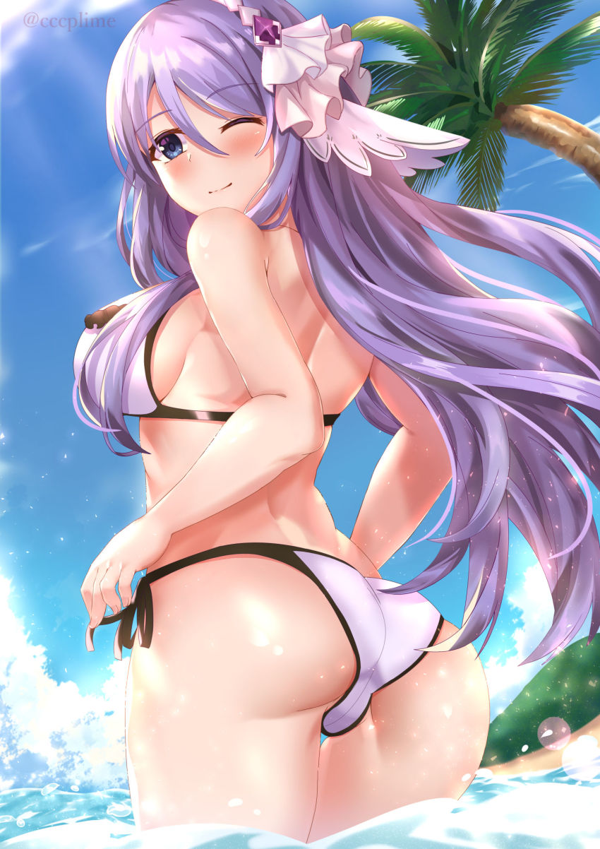 1girl, ass, bad_id, bad_pixiv_id, beach, bikini, blue_sky, breasts