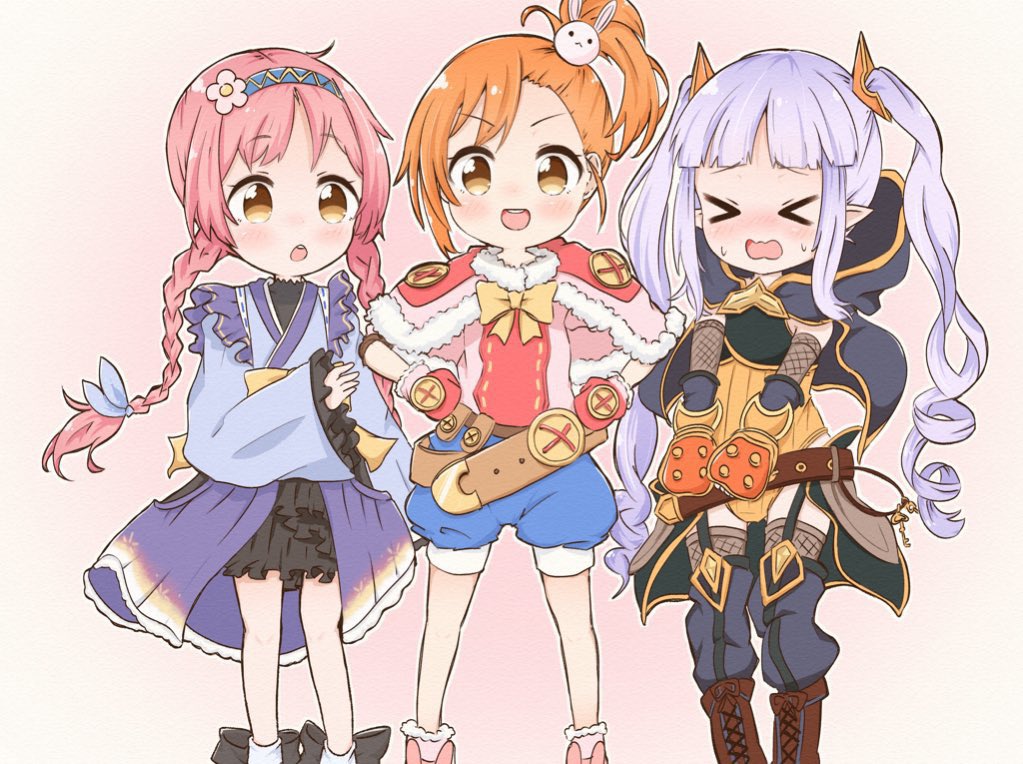 >_<, 3girls, armor, belt, black_cape, black_gloves, black_legwear, black_skirt