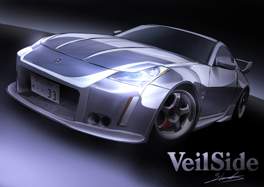3books, car, gradient_background, highres, motor_vehicle, nissan, nissan_350z, nissan_fairlady_z, no_humans, original, signature, solo, spoiler_(automobile), vehicle_focus, veilside, wheel