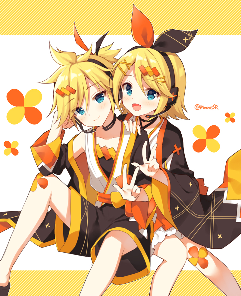 1boy, 1girl, :d, black_shorts, blonde_hair, blue_eyes, blush, brother_and_sister