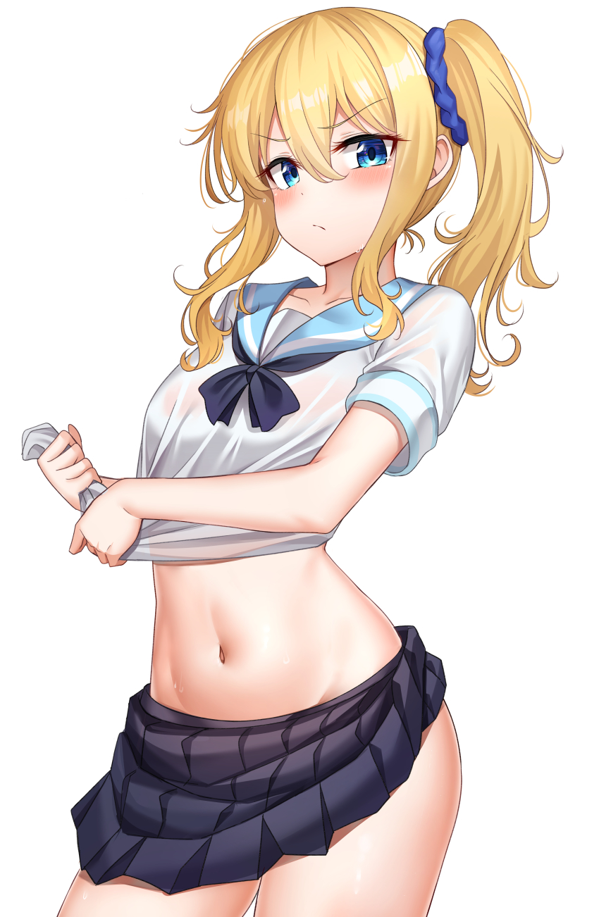 1girl, absurdres, arched_back, black_skirt, blonde_hair, blue_eyes, blue_scrunchie, blush