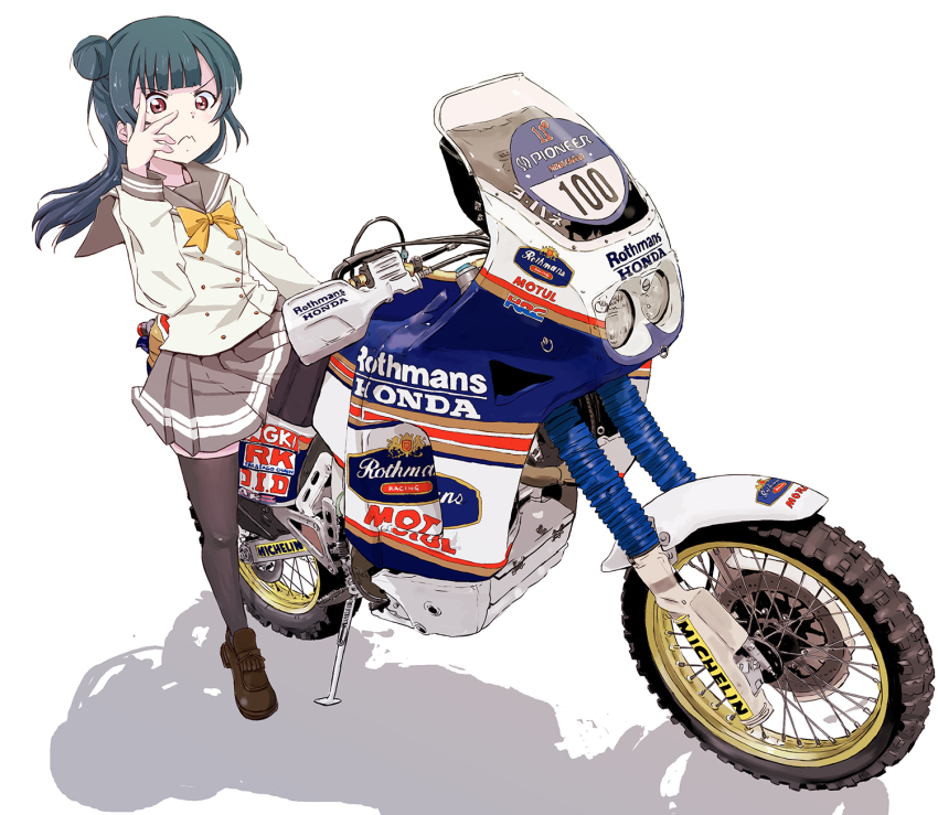 >:(, 1girl, blue_hair, blunt_bangs, blush, bow, bowtie, brown_shoes, commentary_request, decal, full_body, grey_sailor_collar, grey_skirt, grey_thighhighs, hair_bun, hand_up, highres, honda, kiltie_loafers, loafers, long_hair, long_sleeves, love_live!, love_live!_school_idol_project, love_live!_sunshine!!, maruyo, michelin, miniskirt, motul_(company), multicolored_shirt, multicolored_skirt, orange_bow, orange_ribbon, pioneer_(brand), pleated_skirt, red_eyes, ribbon, sailor_collar, sailor_shirt, school_uniform, shirt, shoes, side_bun, sidelocks, simple_background, single_side_bun, skindentation, skirt, sleeve_cuffs, solo, standing, standing_on_one_leg, striped_clothes, striped_skirt, thighhighs, tsushima_yoshiko, two-tone_skirt, v-shaped_eyebrows, white_background, white_shirt