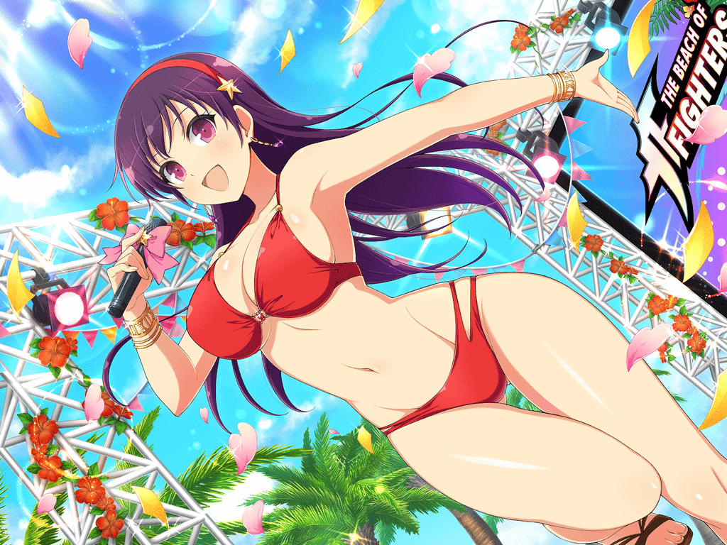 1girl, asamiya_athena, bikini, breasts, cleavage, crossover, earrings, english_text, flower, jewelry, large_breasts, long_hair, looking_at_viewer, microphone, navel, official_art, open_mouth, petals, psycho_soldier, purple_eyes, purple_hair, red_bikini, senran_kagura, senran_kagura_new_wave, smile, snk, solo, stomach, swimsuit, the_king_of_fighters, yaegashi_nan