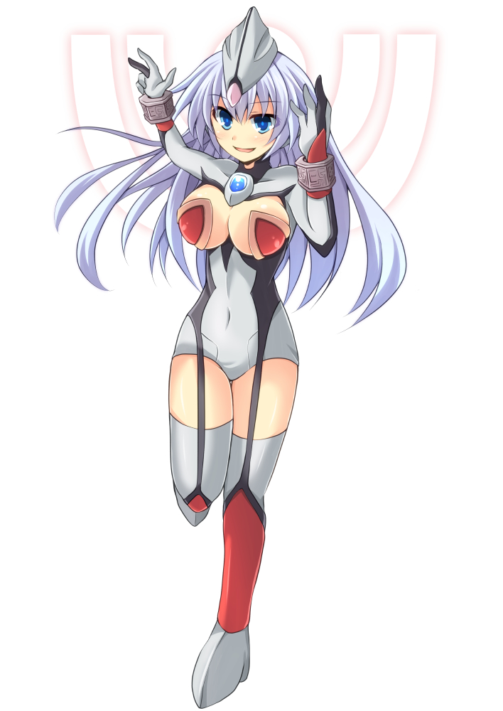 1girl, armor, arms_up, black_gloves, black_leotard, blue_eyes, blue_hair, blush