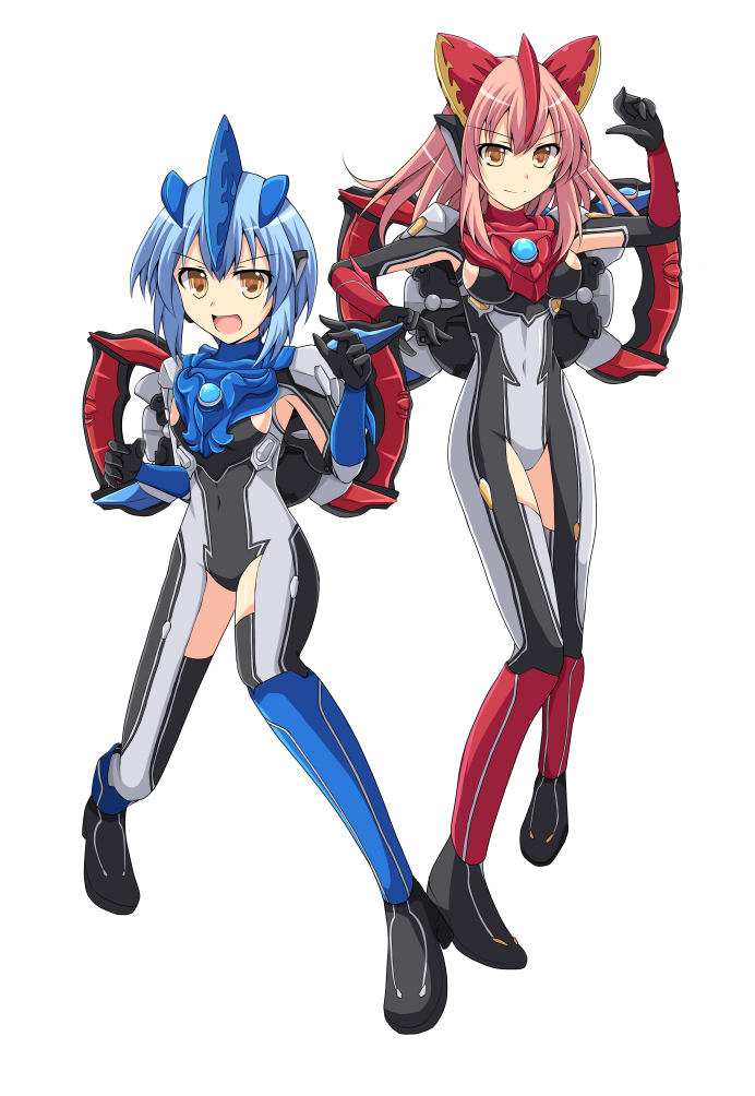 2girls, armor, black_bodysuit, blue_armor, blue_bodysuit, blue_hair, bodysuit, boots