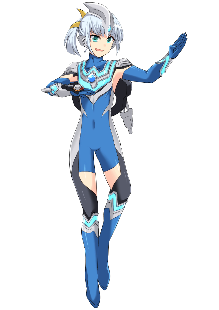 1girl, armor, black_bodysuit, blue_armor, blue_bodysuit, blue_boots, blue_gloves, blue_hair