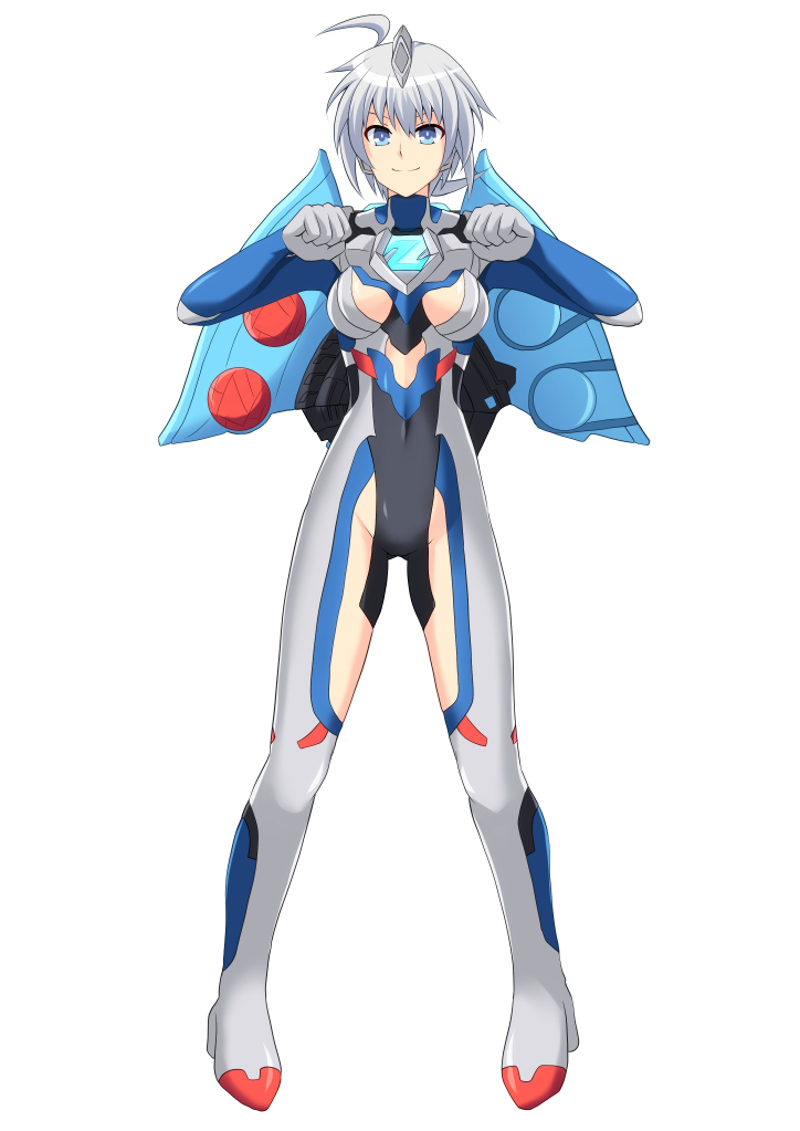 1girl, ahoge, blue_bodysuit, blue_eyes, bodysuit, breasts, color_timer, cross_(crossryou), grey_armor, grey_bodysuit, grey_hair, headpiece, high_heels, looking_at_viewer, medium_breasts, personification, red_bodysuit, short_hair, smile, standing, ultra_series, ultraman_z, ultraman_z_(series), white_background, z_riser