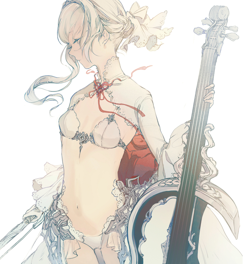 1girl, absurdres, asymmetrical_hair, bow_(music), bra, breasts, cello, cowboy_shot
