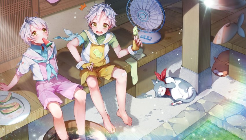 2boys, air_conditioner, barefoot, brothers, cat, double_scoop_(food_fantasy), fingerless_gloves, food