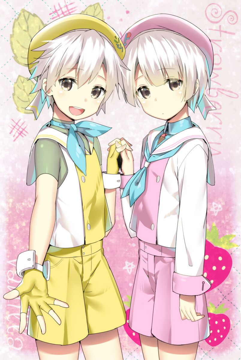 2boys, brothers, double_scoop_(food_fantasy), fingerless_gloves, food_fantasy, gloves, holding_hands, hat, highres, multiple_boys, pink_eyes, sailor_collar, sailor_hat, short_hair, shorts, siblings, smile, strawberry_(food_fantasy), vanilla_(food_fantasy), white_hair, yellow_eyes