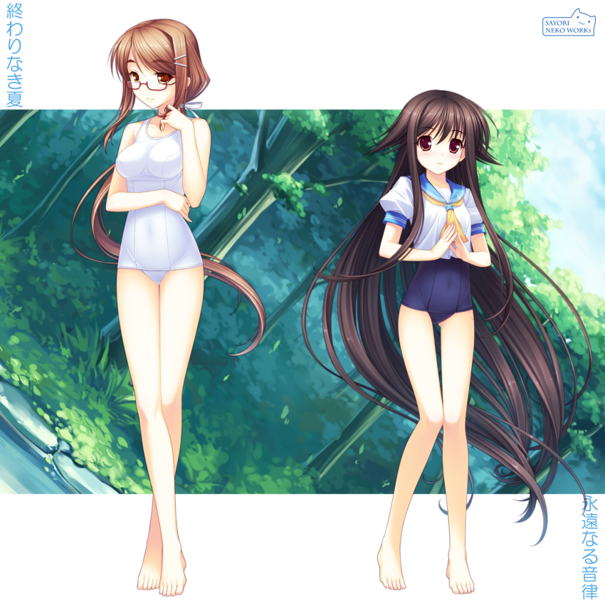 2girls, amamiya_kanon, bad_id, bad_pixiv_id, bare_shoulders, barefoot, brown_eyes, brown_hair