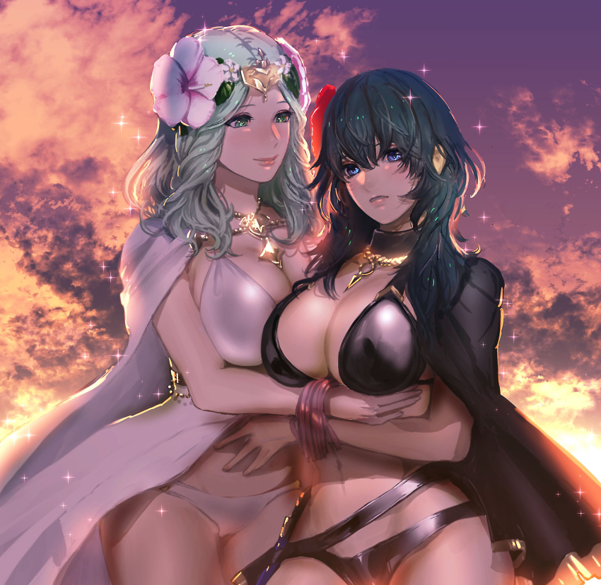 2girls, bikini, black_bikini, blue_eyes, blue_hair, breasts, female_byleth_(fire_emblem), female_byleth_(summer)_(fire_emblem), cleavage, closed_mouth, cloud, fire_emblem, fire_emblem:_three_houses, fire_emblem_heroes, flower, green_eyes, green_hair, hair_flower, hair_ornament, highres, large_breasts, long_hair, multiple_girls, nintendo, official_alternate_costume, parted_lips, rhea_(fire_emblem), rhea_(summer)_(fire_emblem), ruo_candyyyy, sky, smile, swimsuit